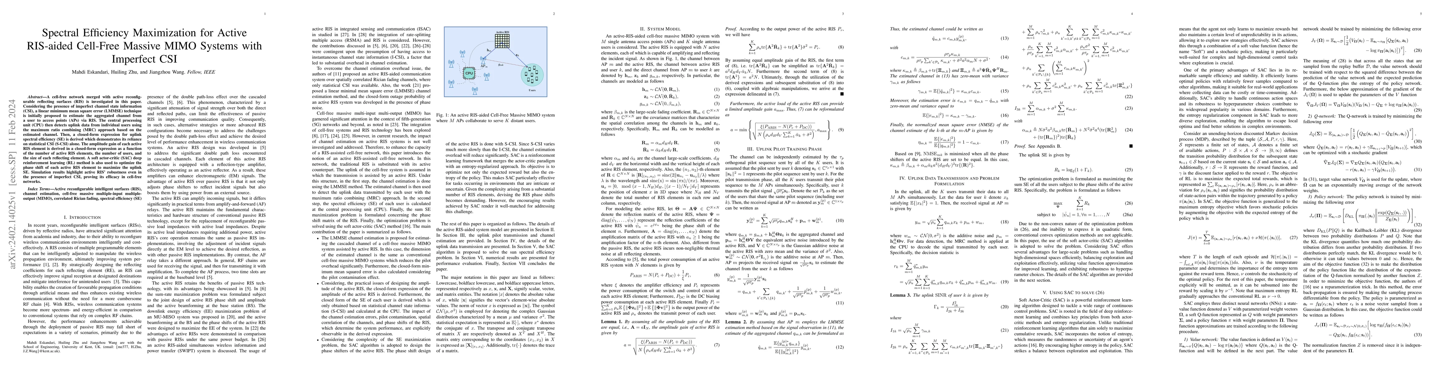 Thumbnail for Spectral Efficiency Maximization for Active RIS-aided Cell-Free Massive
  MIMO Systems with Imperfect CSI