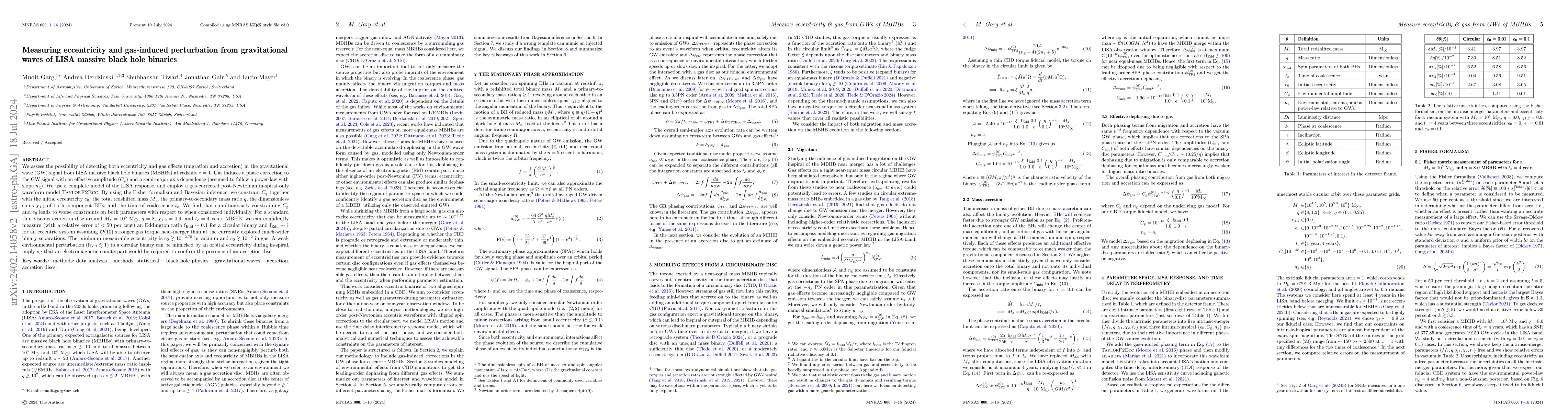 Thumbnail for Measuring eccentricity and gas-induced perturbation from gravitational
  waves of LISA massive black hole binaries