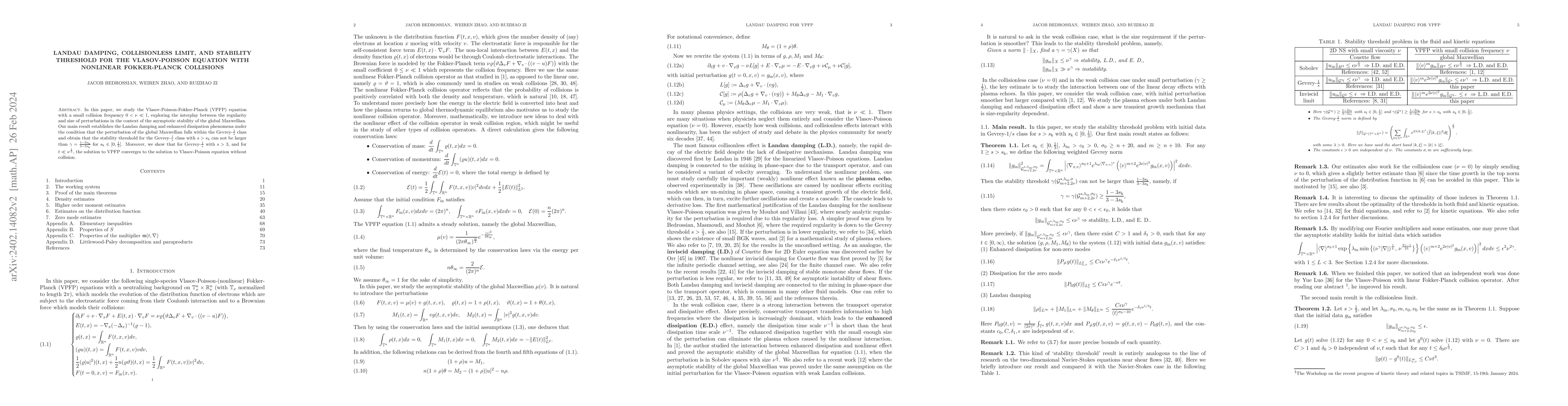 Thumbnail for Landau damping, collisionless limit, and stability threshold for the
  Vlasov-Poisson equation with nonlinear Fokker-Planck collisions