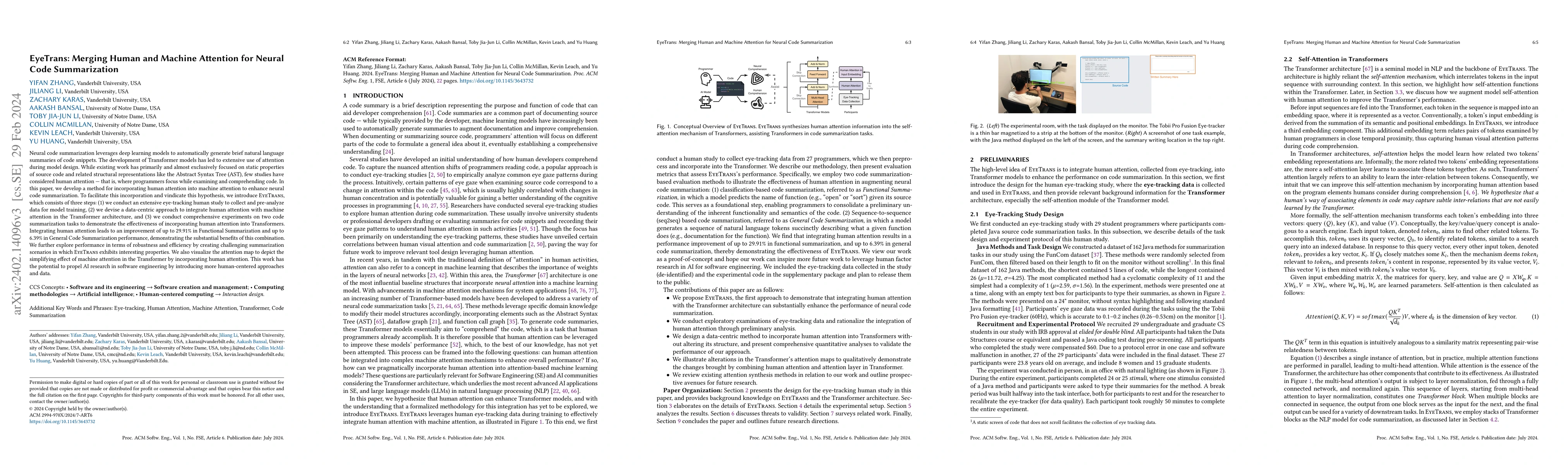 Thumbnail for EyeTrans: Merging Human and Machine Attention for Neural Code
  Summarization