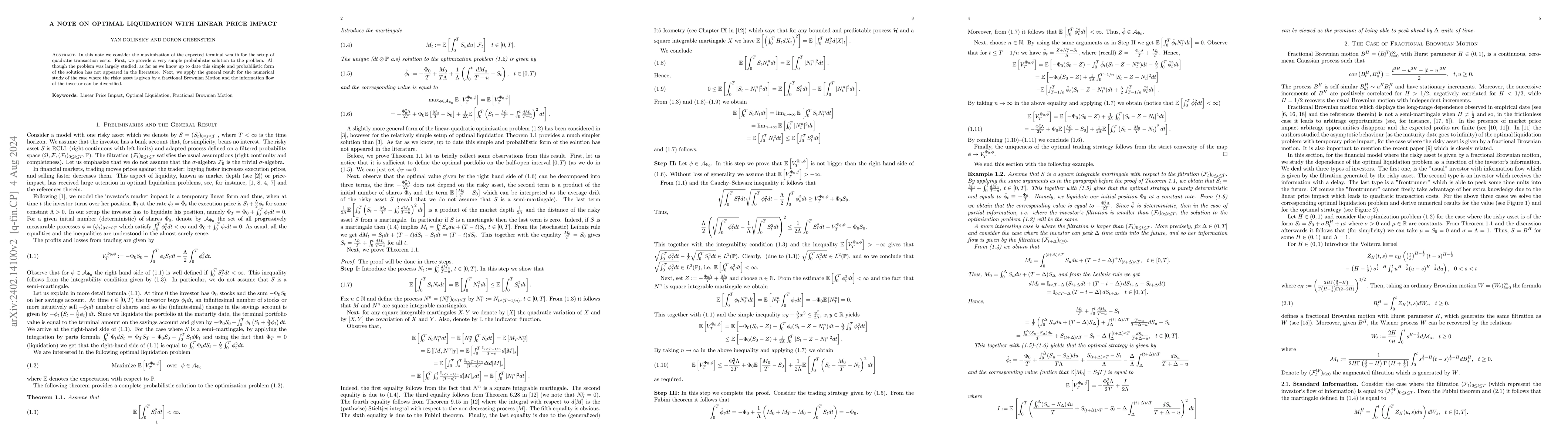 Thumbnail for A Note on Optimal Liquidation with Linear Price Impact