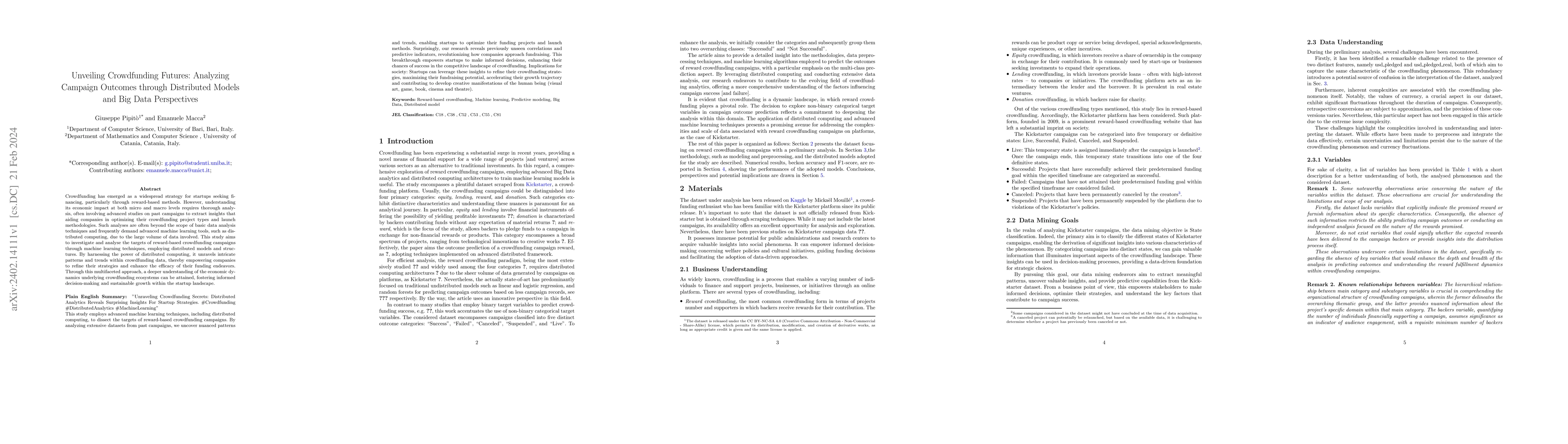 Thumbnail for Unveiling Crowdfunding Futures: Analyzing Campaign Outcomes through
  Distributed Models and Big Data Perspectives