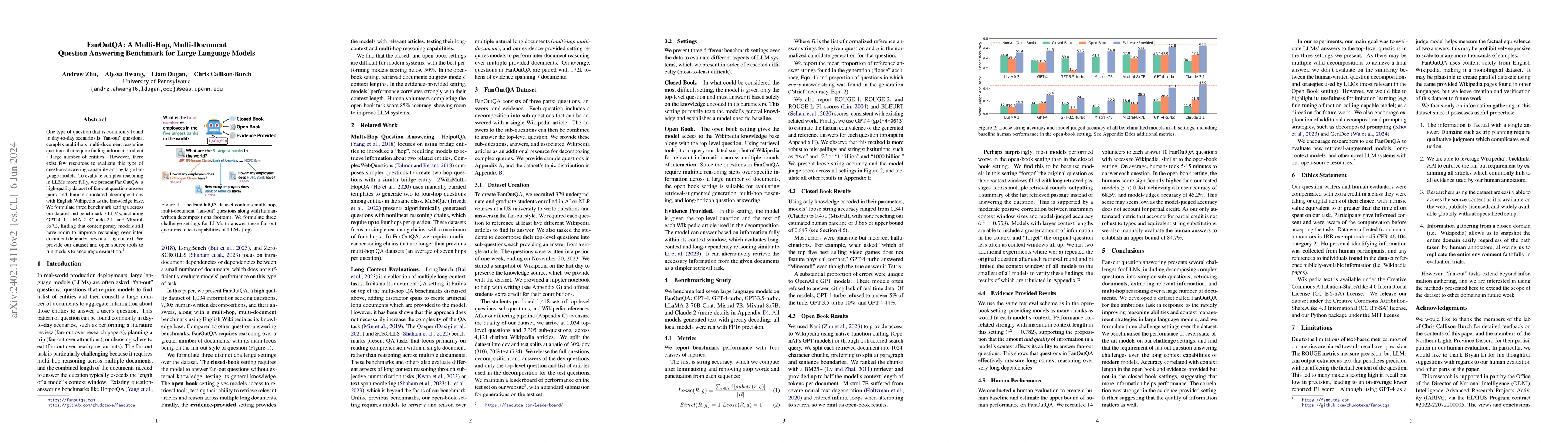 Thumbnail for FanOutQA: A Multi-Hop, Multi-Document Question Answering Benchmark for
  Large Language Models