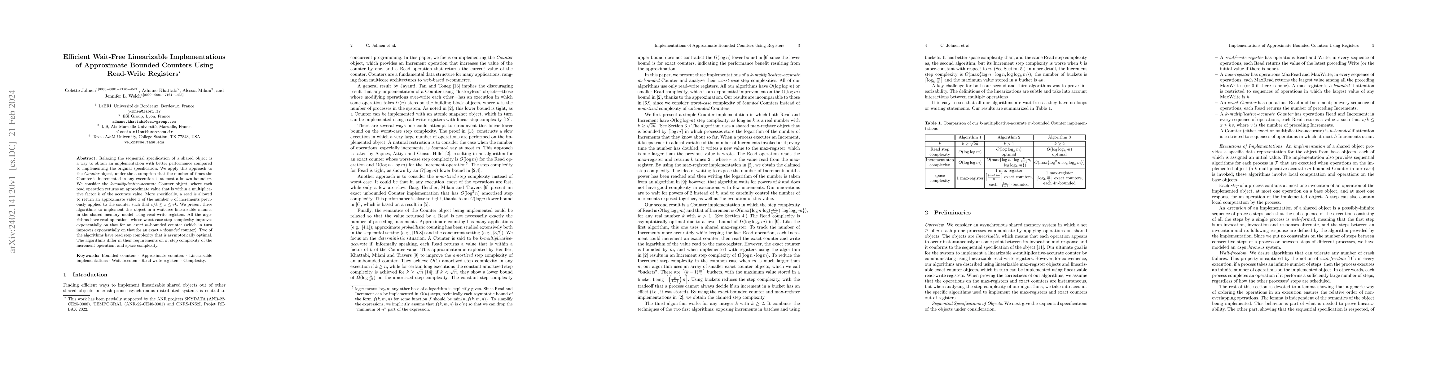 Thumbnail for Efficient Wait-Free Linearizable Implementations of Approximate Bounded
  Counters Using Read-Write Registers