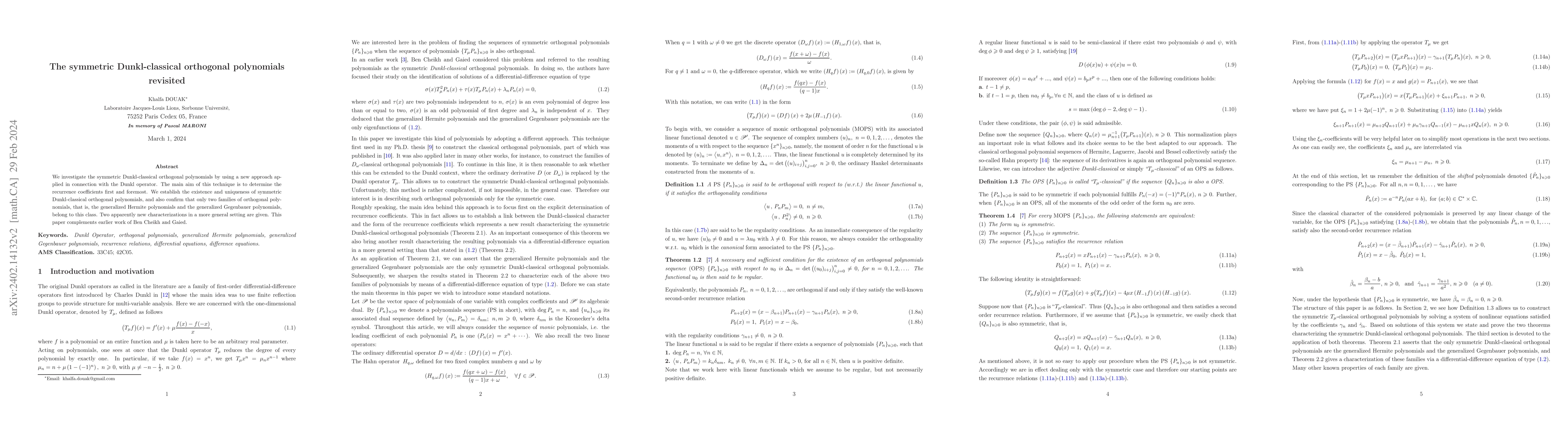 Thumbnail for The symmetric Dunkl-classical orthogonal polynomials revisited