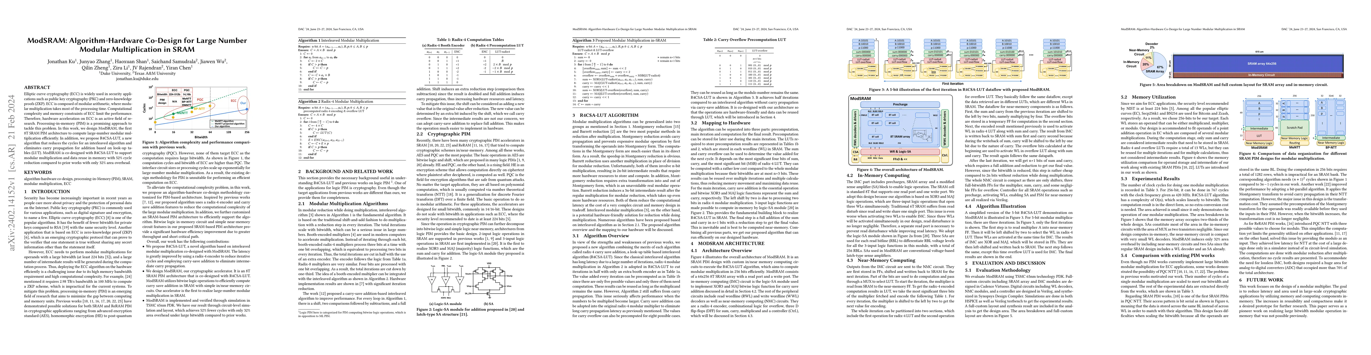 Thumbnail for ModSRAM: Algorithm-Hardware Co-Design for Large Number Modular
  Multiplication in SRAM