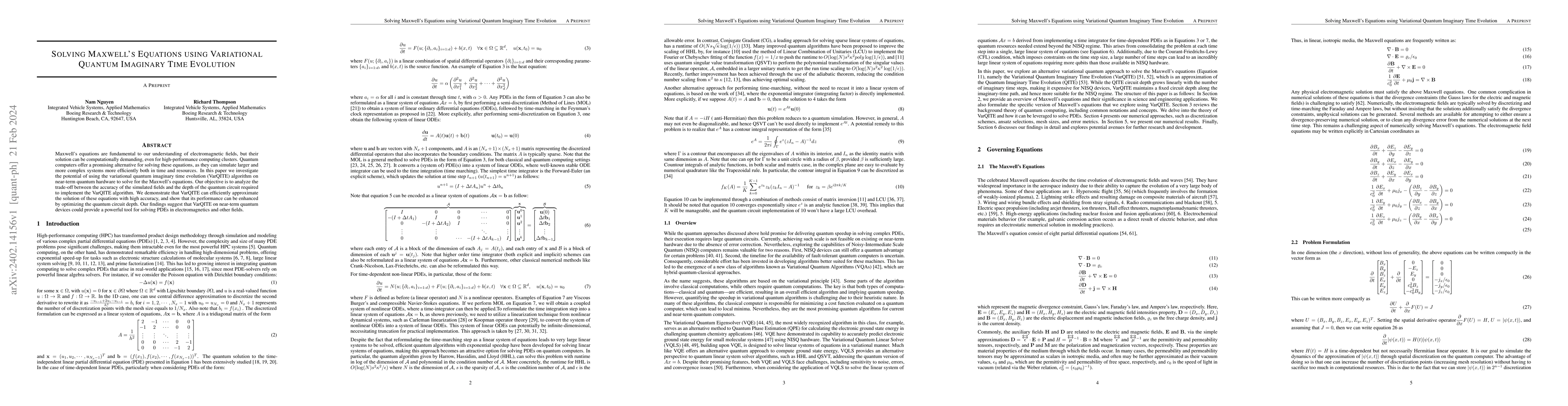 Thumbnail for Solving Maxwells Equations using Variational Quantum Imaginary Time
  Evolution