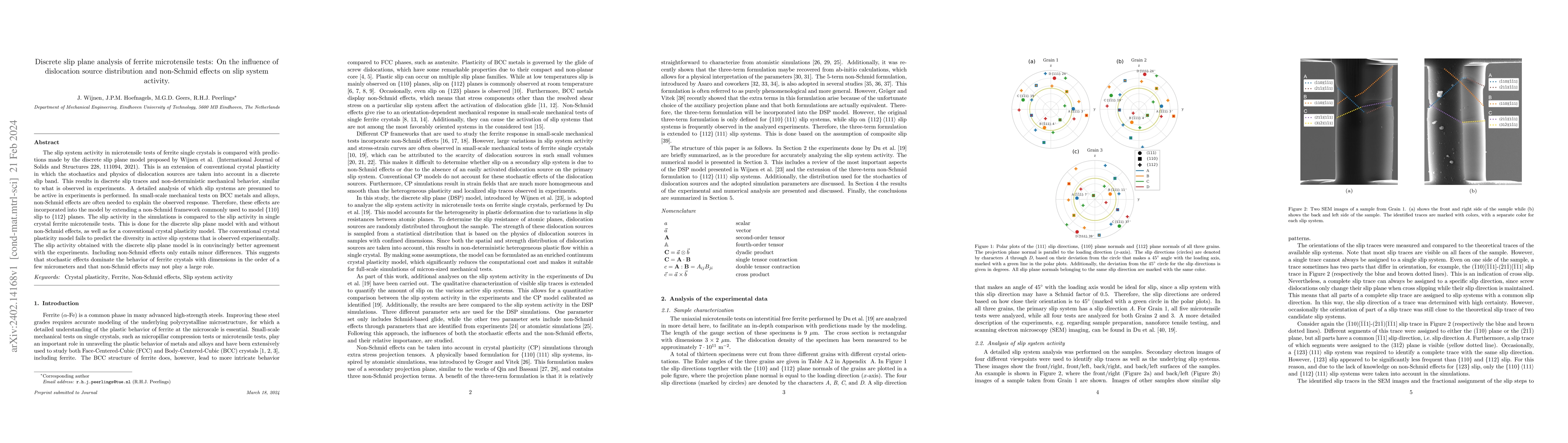 Thumbnail for Discrete slip plane analysis of ferrite microtensile tests: On the
  influence of dislocation source distribution and non-Schmid effects on slip
  system activity