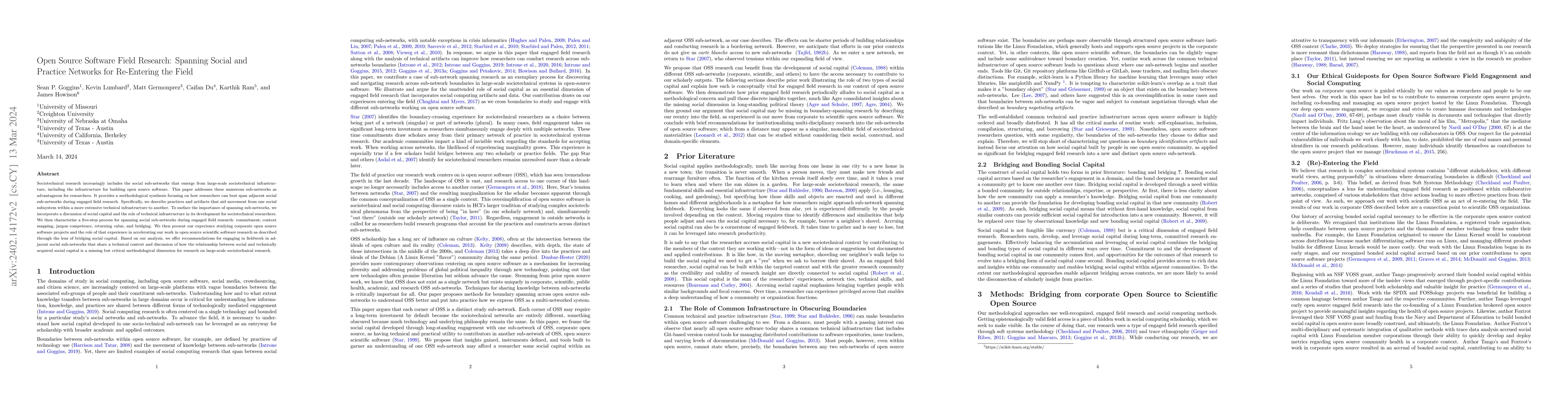 Thumbnail for Open Source Software Field Research: Spanning Social and Practice
  Networks for Re-Entering the Field
