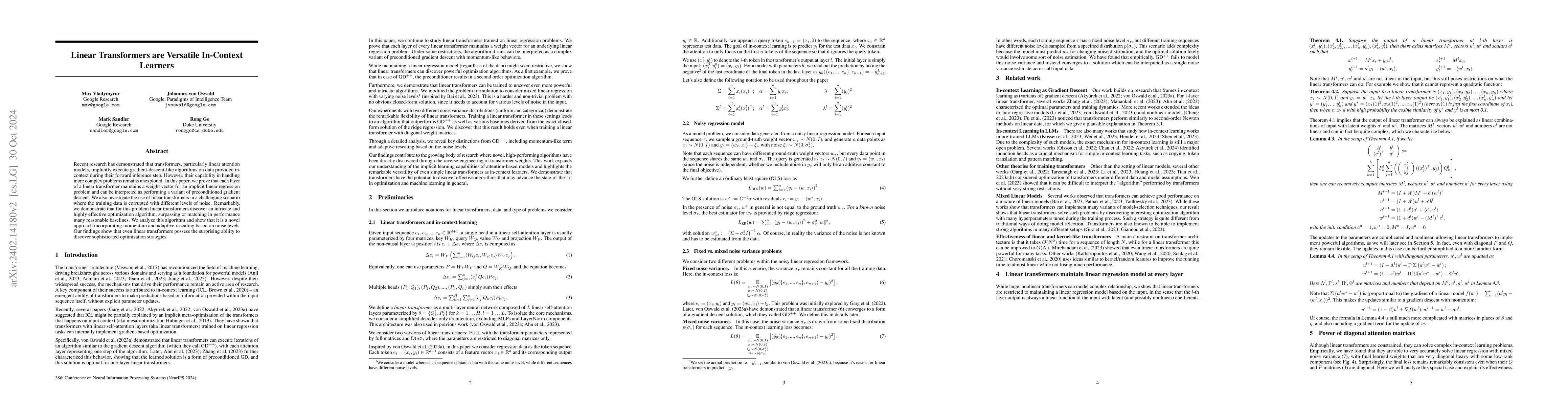 Thumbnail for Linear Transformers are Versatile In-Context Learners