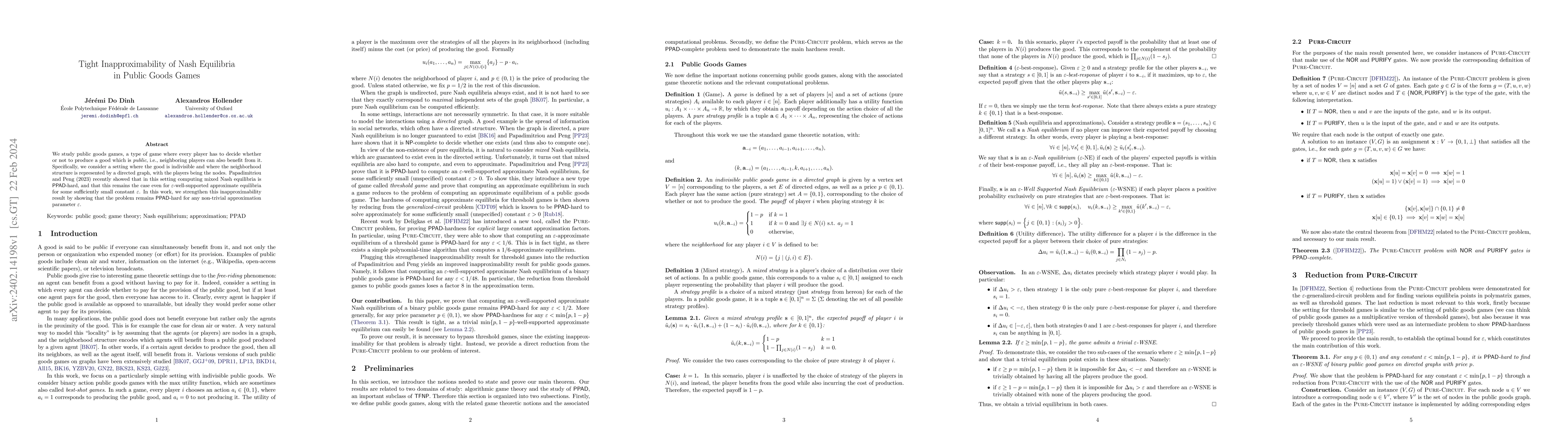 Thumbnail for Tight Inapproximability of Nash Equilibria in Public Goods Games