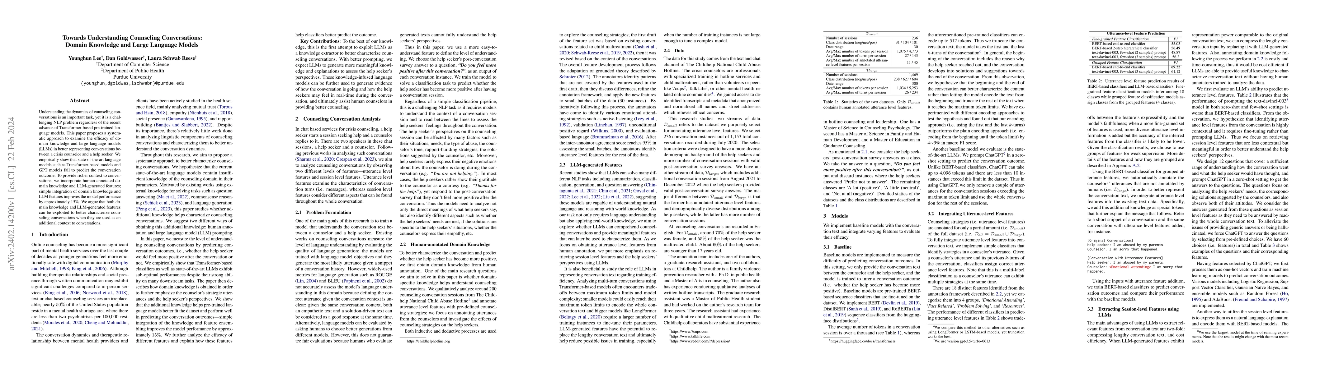 Thumbnail for Towards Understanding Counseling Conversations: Domain Knowledge and
  Large Language Models