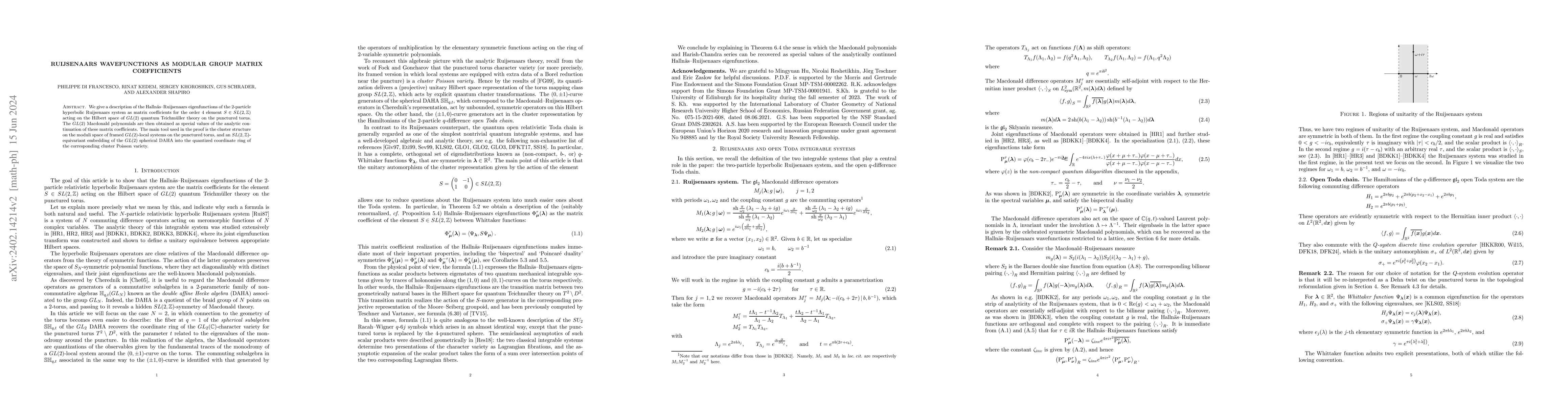 Thumbnail for Ruijsenaars wavefunctions as modular group matrix coefficients