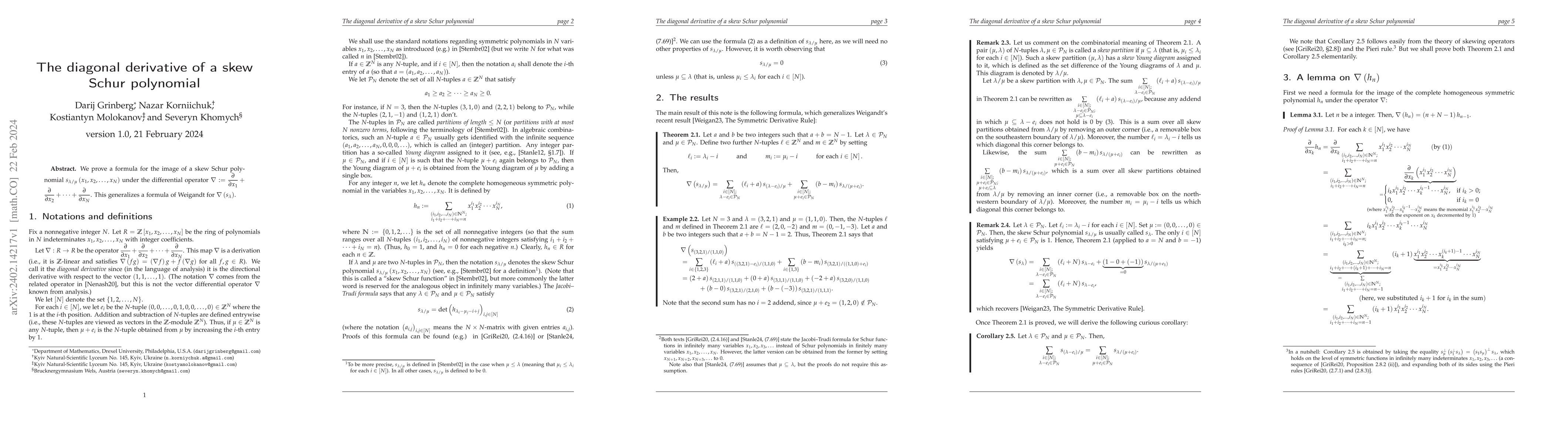 Thumbnail for The diagonal derivative of a skew Schur polynomial
