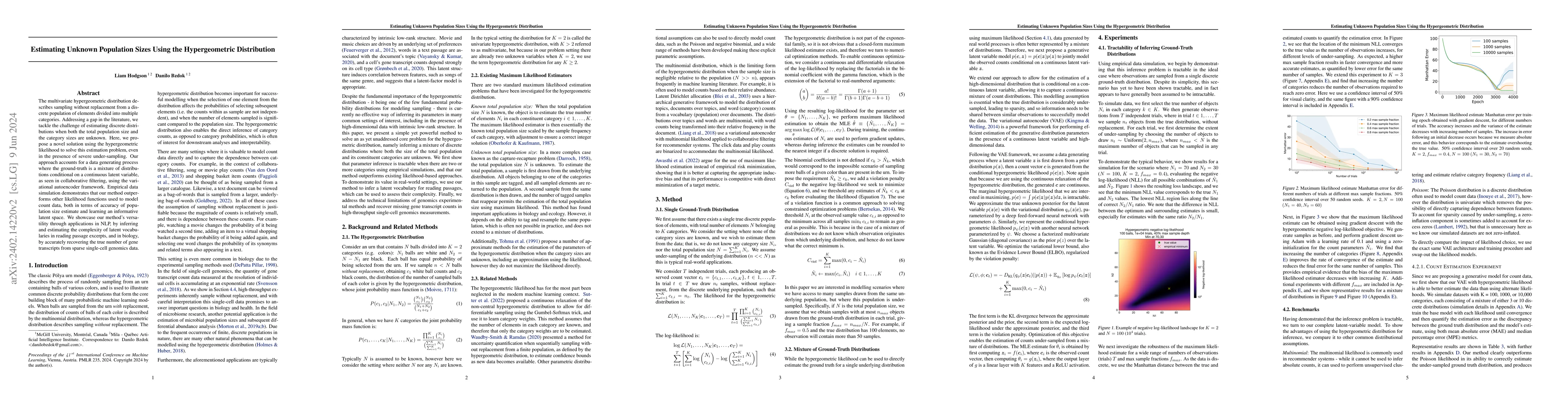 Thumbnail for Estimating Unknown Population Sizes Using the Hypergeometric
  Distribution