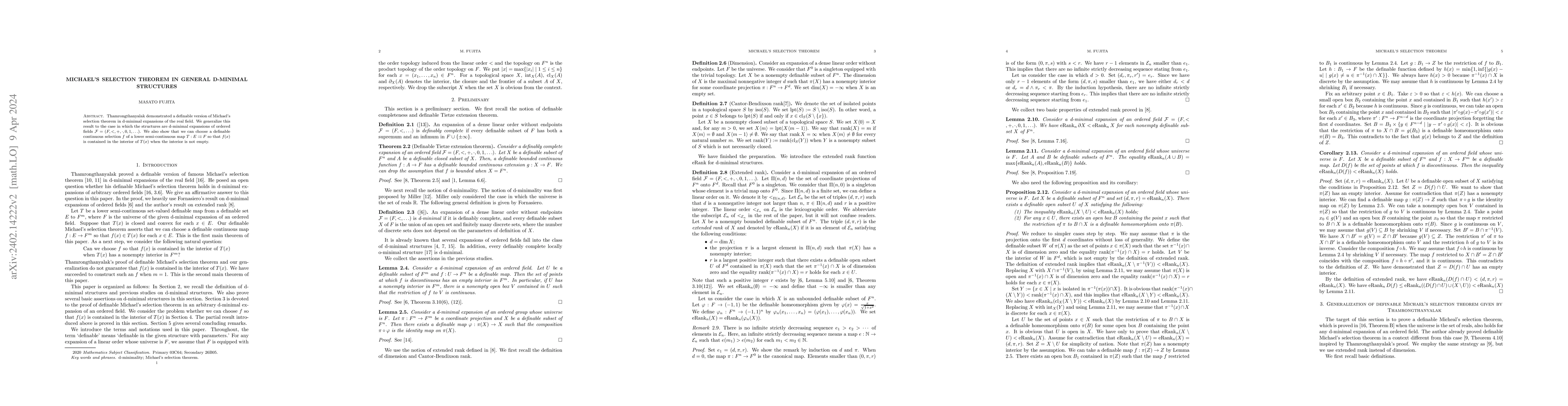 Thumbnail for Michael's selection theorem in general d-minimal structures