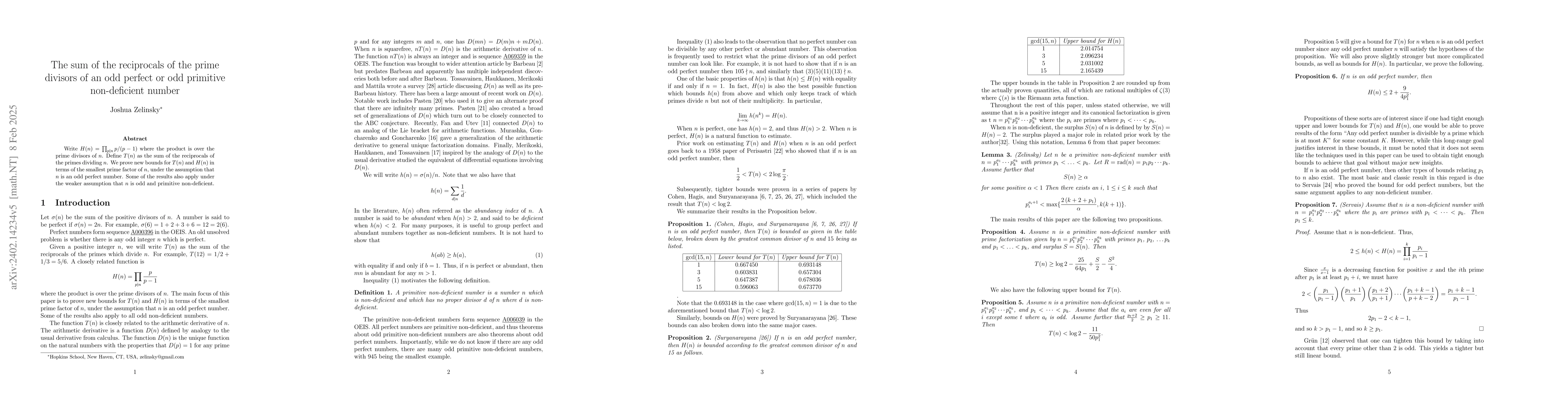 Thumbnail for The sum of the reciprocals of the prime divisors of an odd perfect or
  odd primitive non-deficient number
