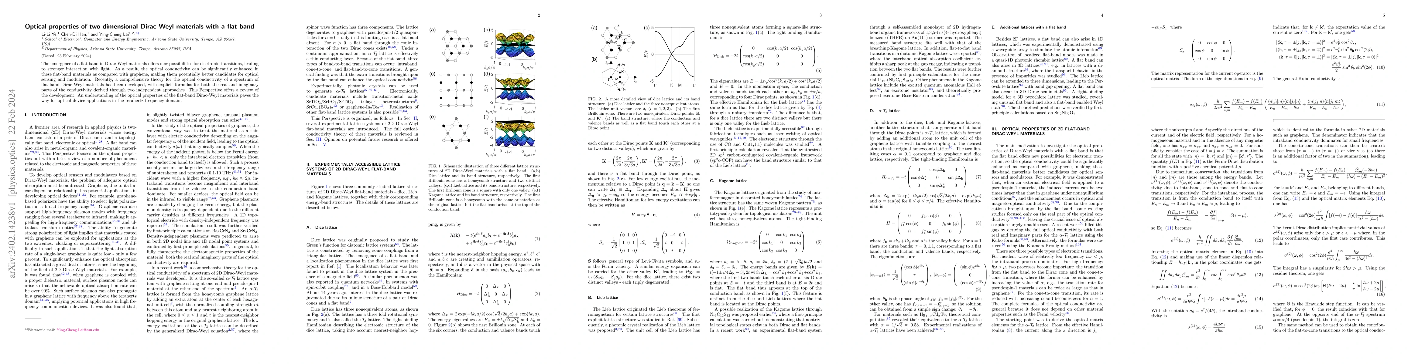 Thumbnail for Optical properties of two dimensional Dirac Weyl materials with a
  flatband