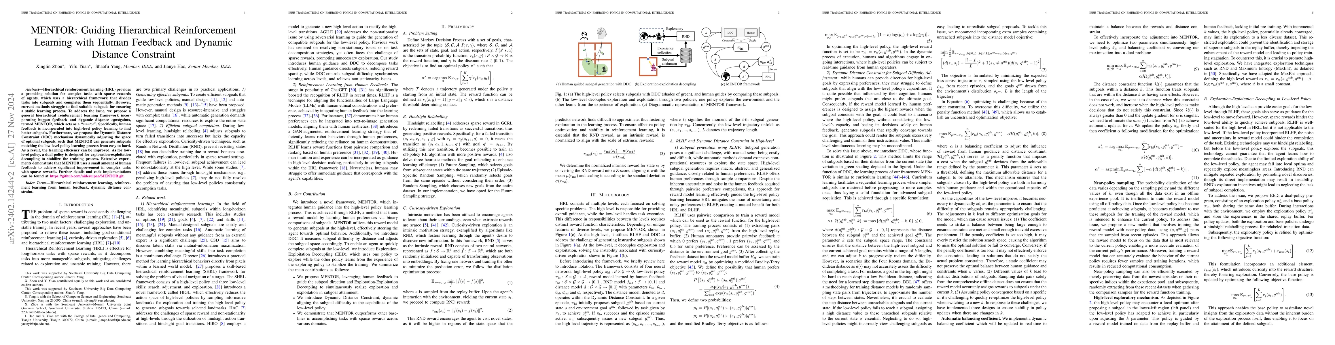 Thumbnail for MENTOR: Guiding Hierarchical Reinforcement Learning with Human Feedback
  and Dynamic Distance Constraint