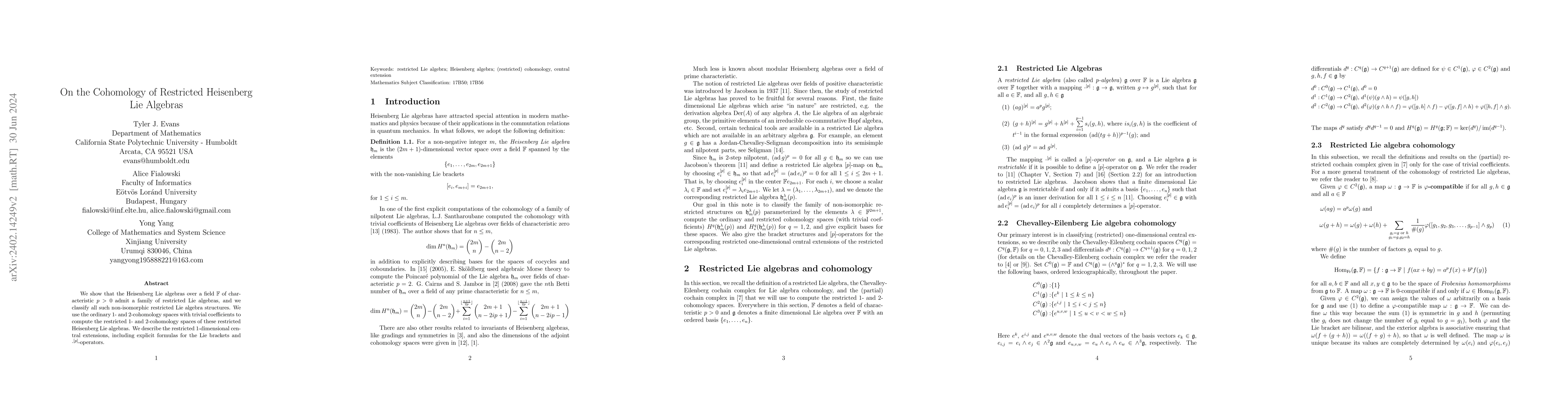 Thumbnail for On the Cohomology of Restricted Heisenberg Lie Algebras