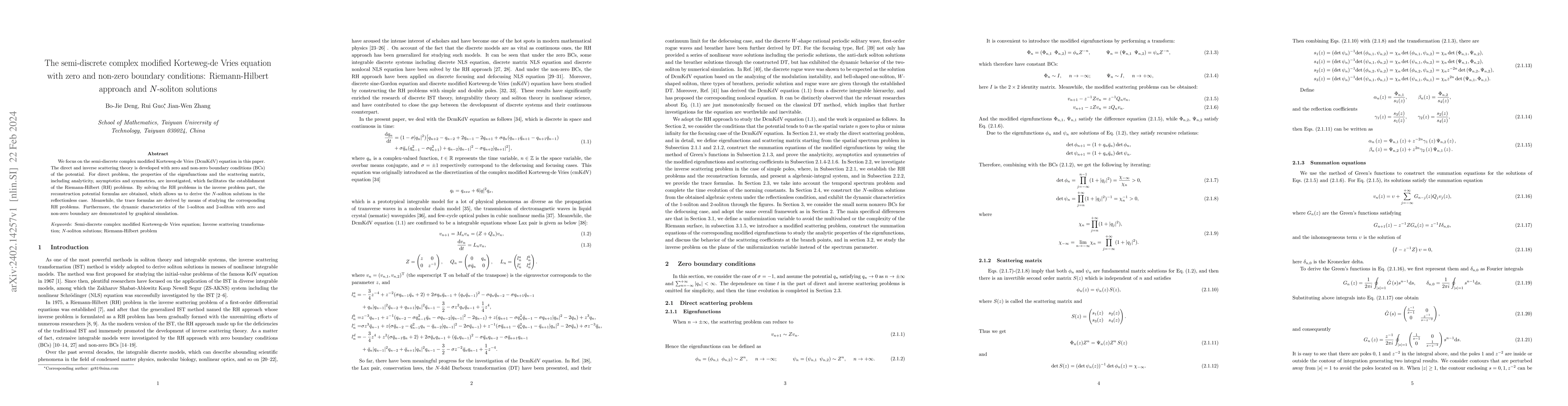 Thumbnail for The semi-discrete complex modified Korteweg-de Vries equation with zero
  and non-zero boundary conditions: Riemann-Hilbert approach and N-soliton
  solutions