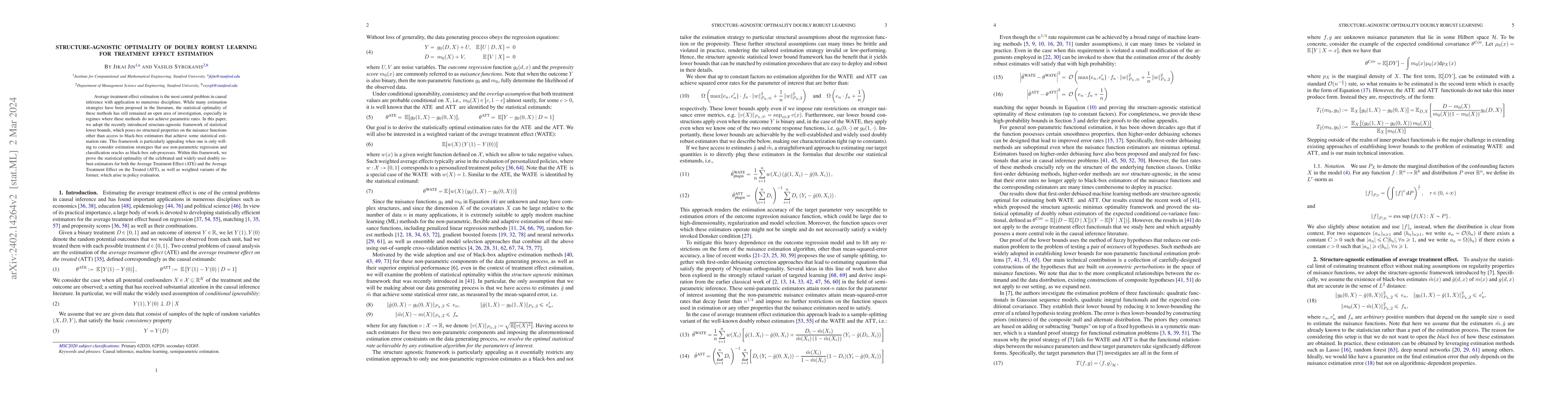 Thumbnail for Structure-agnostic Optimality of Doubly Robust Learning for Treatment
  Effect Estimation
