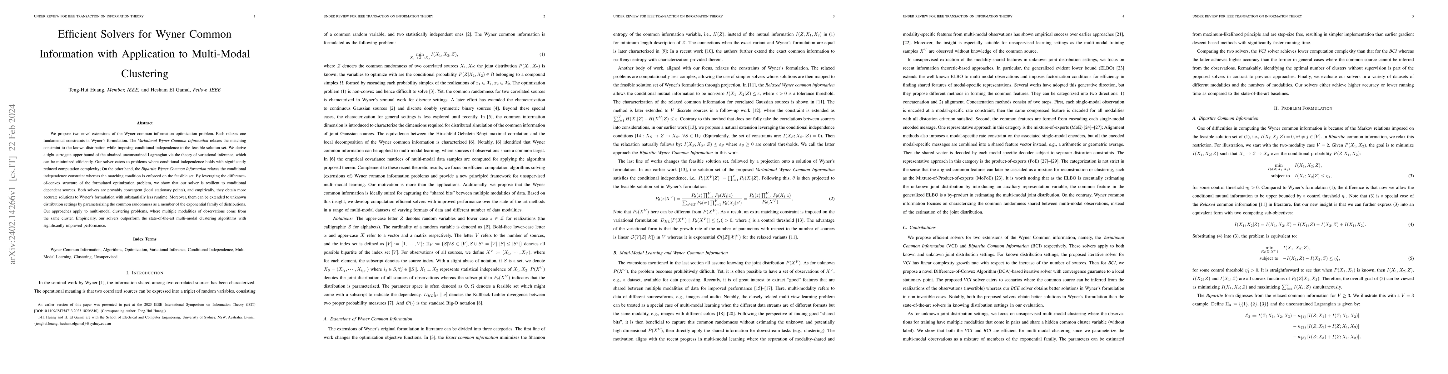 Thumbnail for Efficient Solvers for Wyner Common Information with Application to
  Multi-Modal Clustering