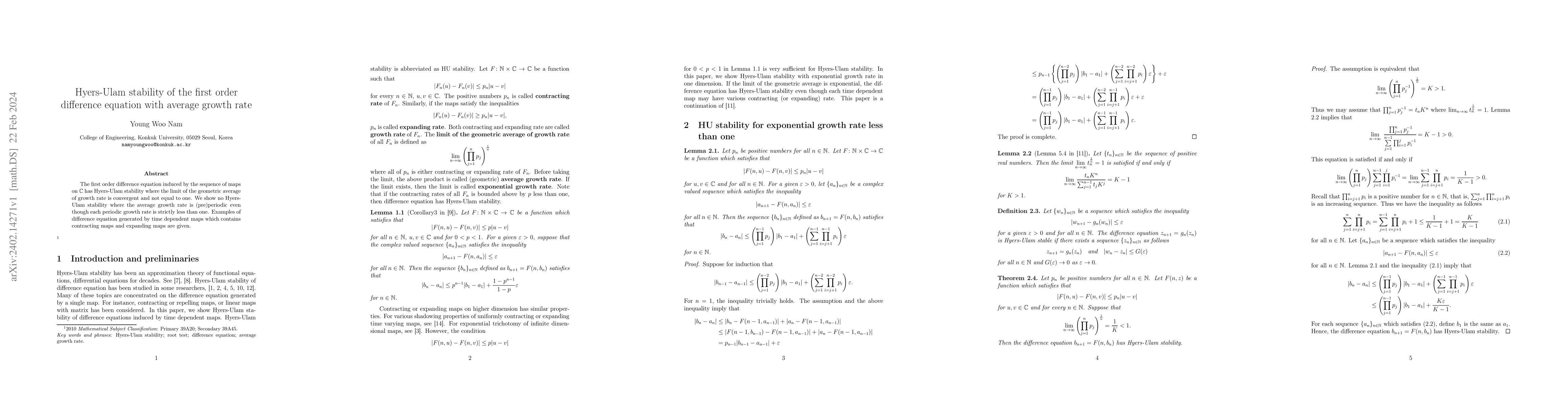 Thumbnail for Hyers-Ulam stability of the first order difference equation with average
  growth rate