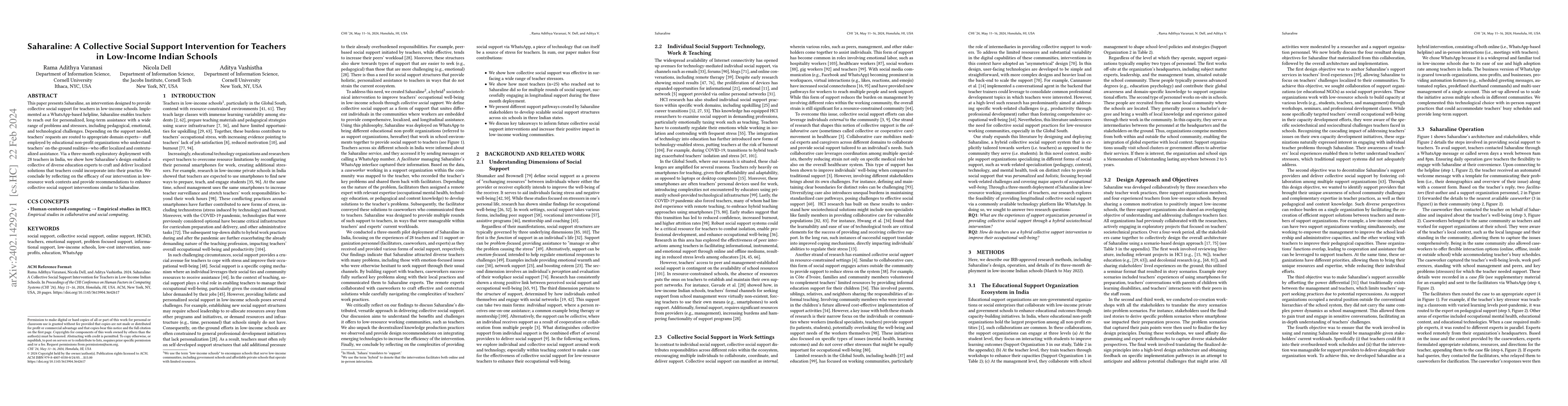 Thumbnail for Saharaline: A Collective Social Support Intervention for Teachers in
  Low-Income Indian Schools