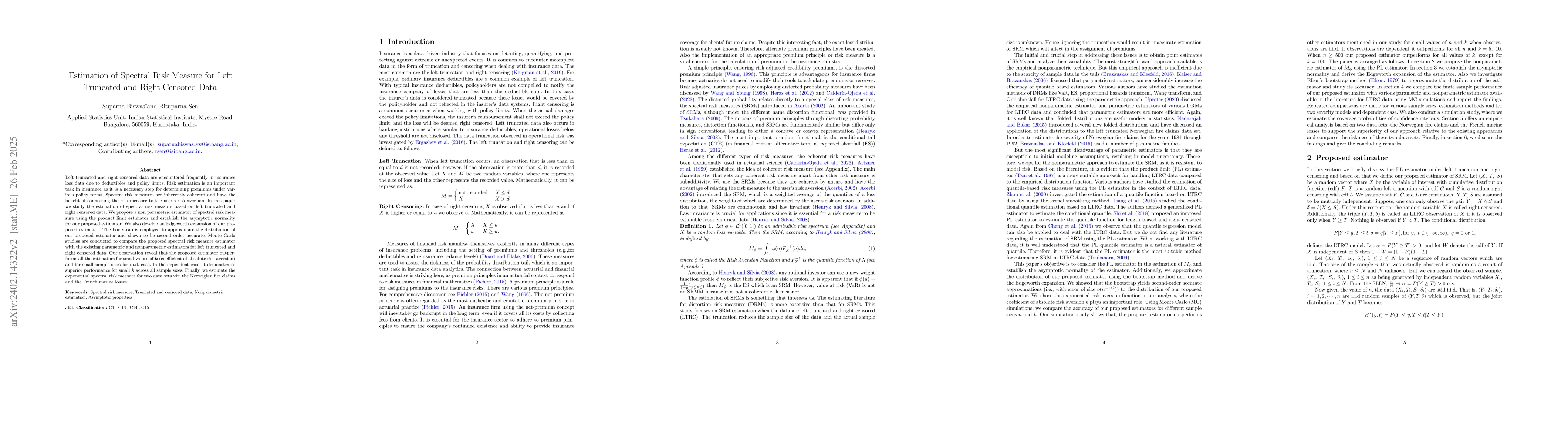 Thumbnail for Estimation of Spectral Risk Measure for Left Truncated and Right
  Censored Data