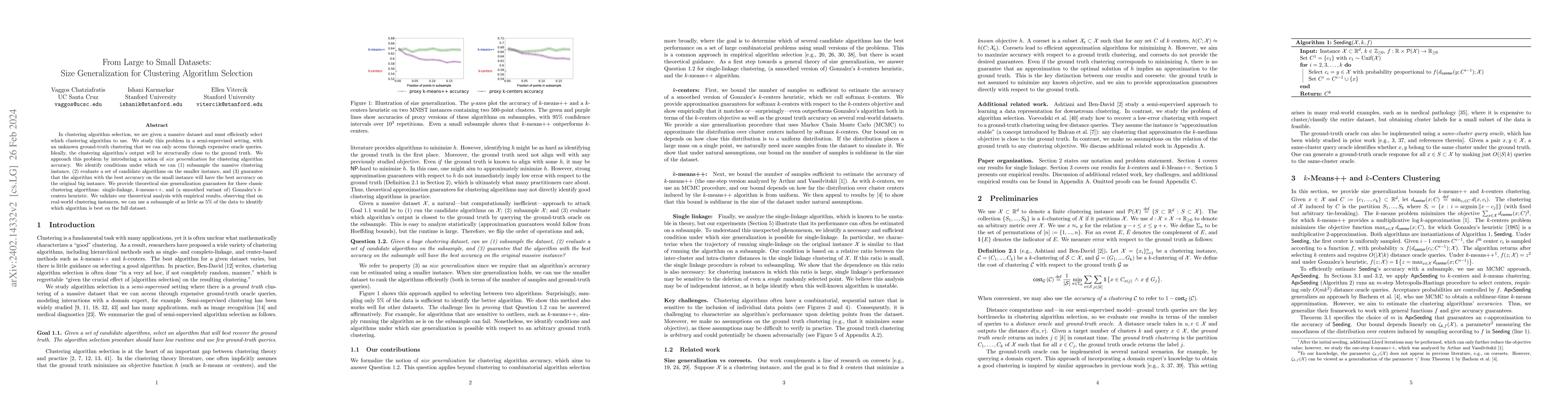 Thumbnail for From Large to Small Datasets: Size Generalization for Clustering
  Algorithm Selection