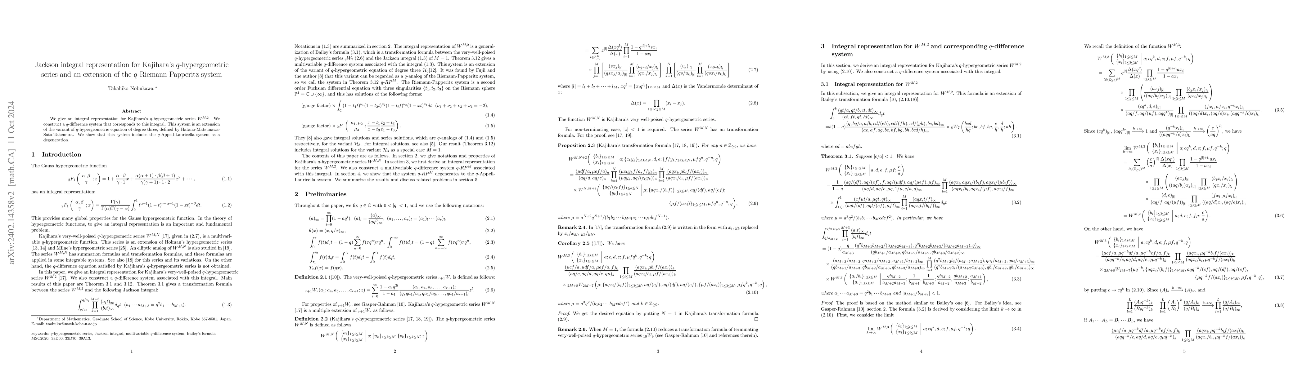 Thumbnail for Jackson integral representation for Kajihara's $q$-hypergeometric series
  and an extension of the $q$-Riemann-Papperitz system
