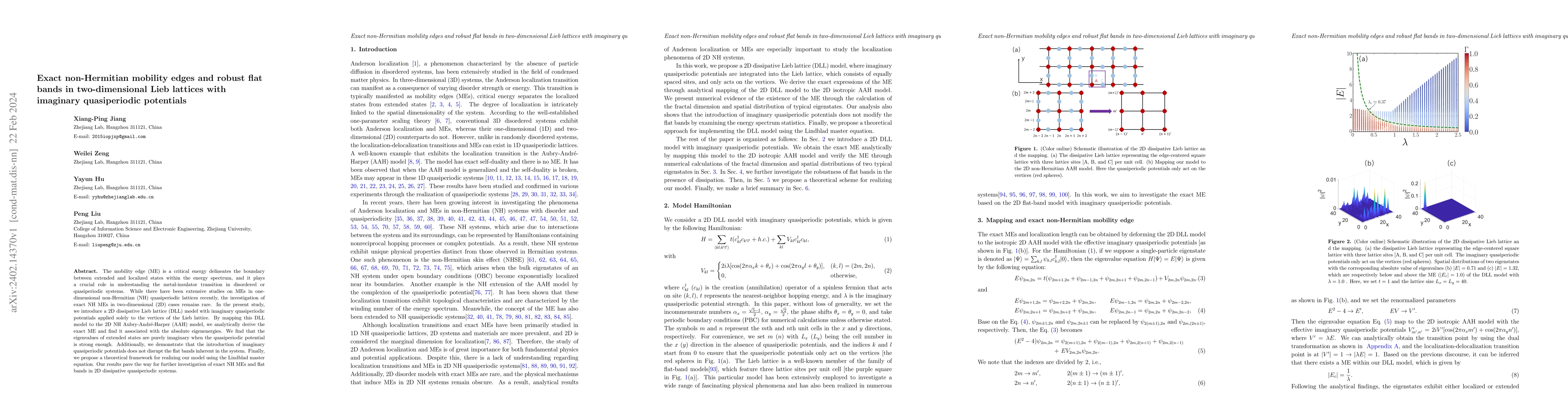 Thumbnail for Exact non-Hermitian mobility edges and robust flat bands in
  two-dimensional Lieb lattices with imaginary quasiperiodic potentials