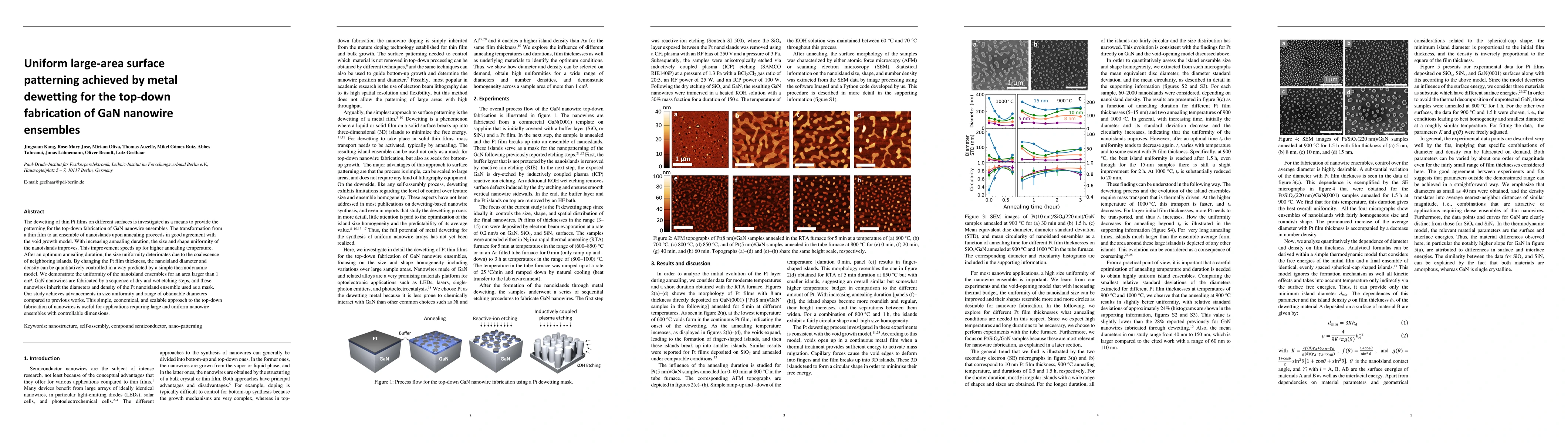 Thumbnail for Uniform large-area surface patterning achieved by metal dewetting for
  the top-down fabrication of GaN nanowire ensembles