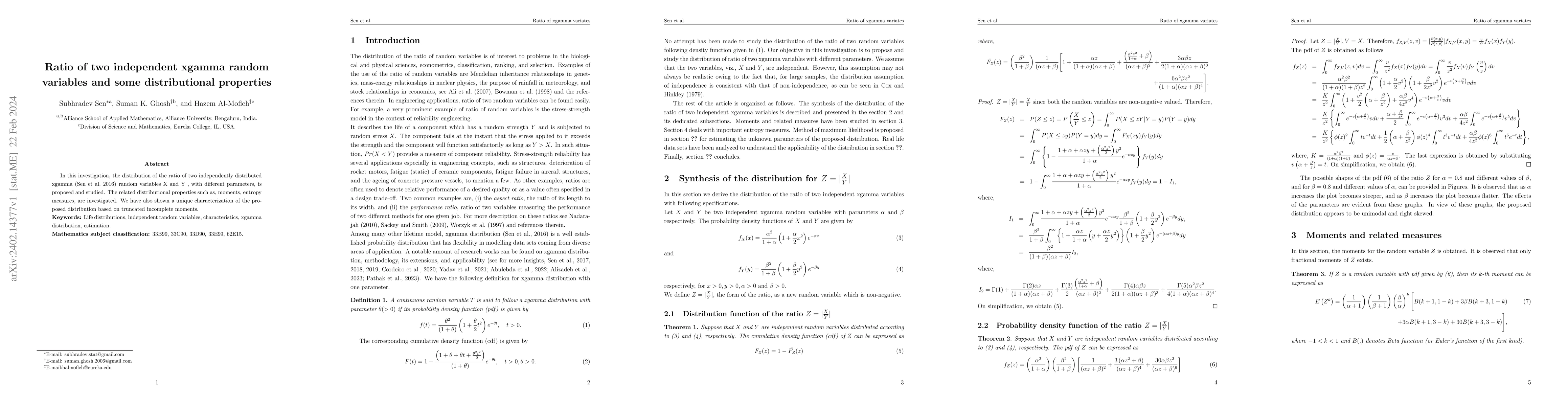 Thumbnail for Ratio of two independent xgamma random variables and some distributional
  properties