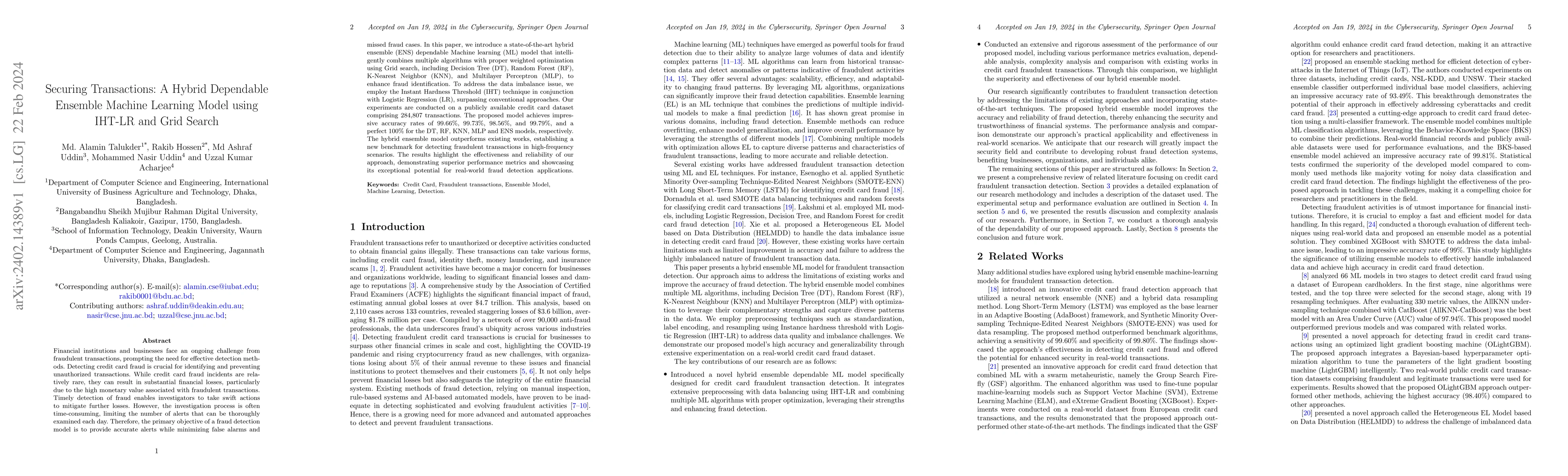 Thumbnail for Securing Transactions: A Hybrid Dependable Ensemble Machine Learning
  Model using IHT-LR and Grid Search