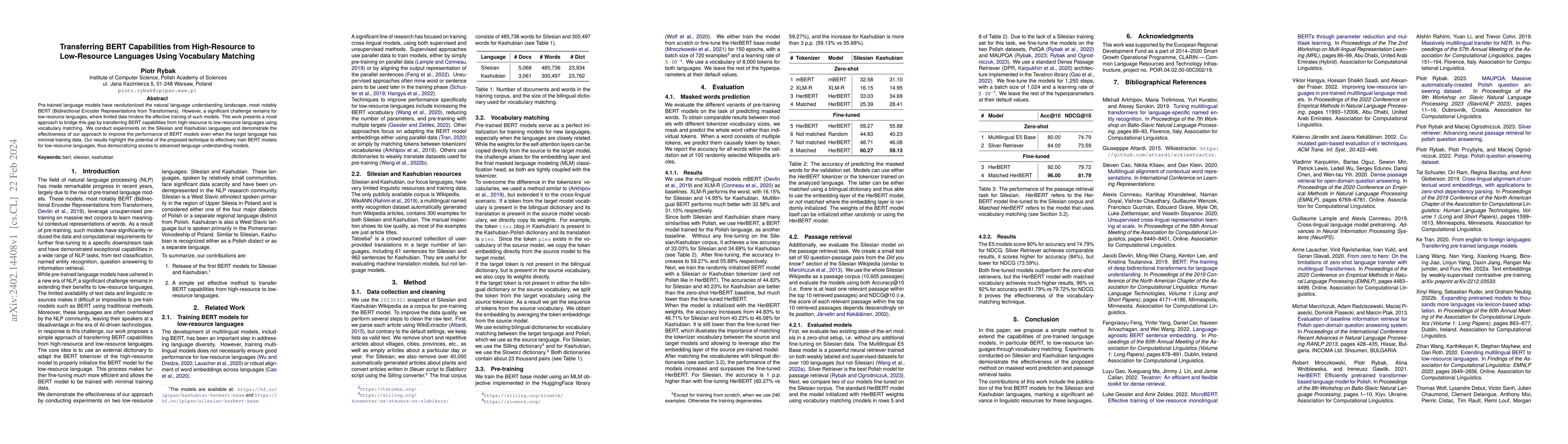 Thumbnail for Transferring BERT Capabilities from High-Resource to Low-Resource
  Languages Using Vocabulary Matching