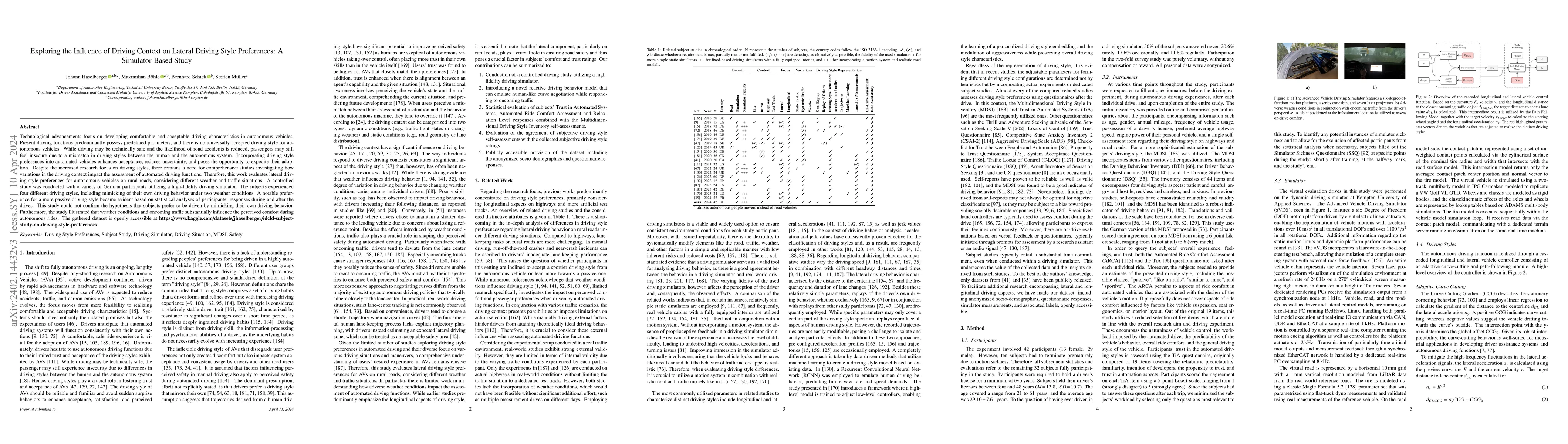 Thumbnail for Exploring the Influence of Driving Context on Lateral Driving Style
  Preferences: A Simulator-Based Study