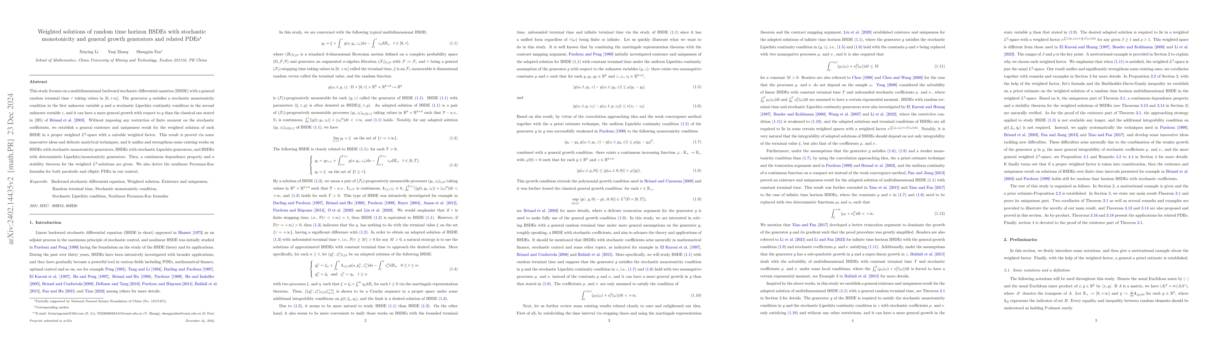 Thumbnail for Random time horizon BSDEs with stochastic monotonicity and general
  growth generators and related PDEs