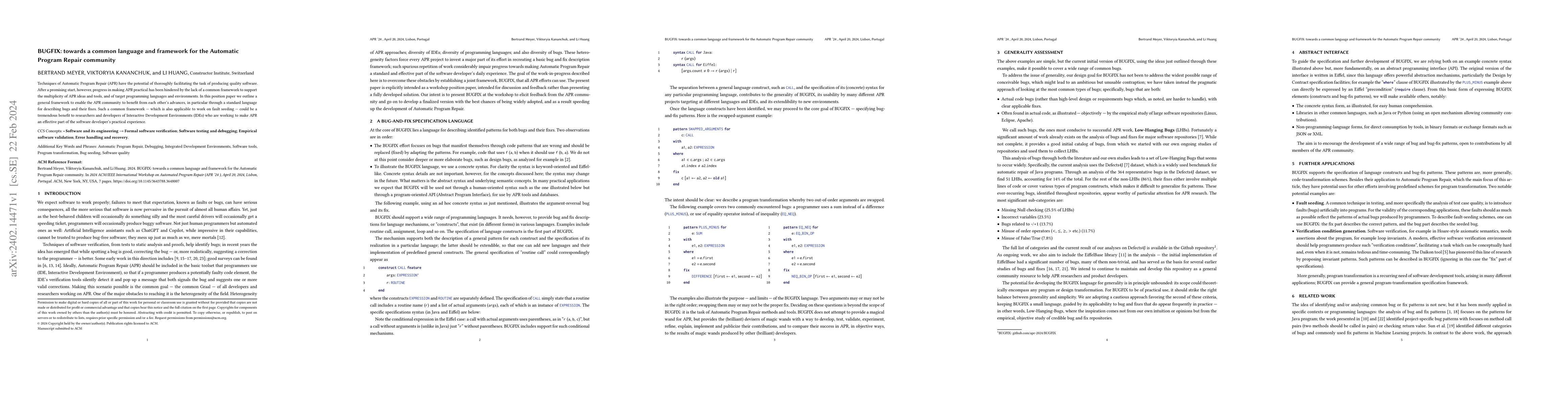 Thumbnail for BUGFIX: towards a common language and framework for the AutomaticProgram
  Repair community