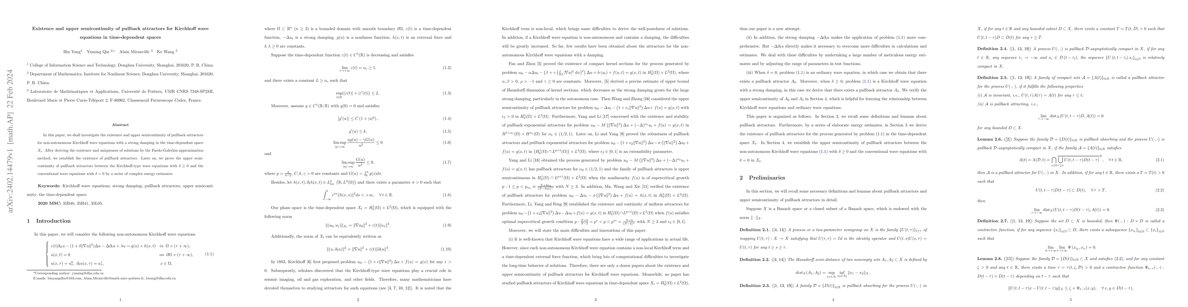 Thumbnail for Existence and upper semicontinuity of pullback attractors for Kirchhoff
  wave equations in time-dependent spaces