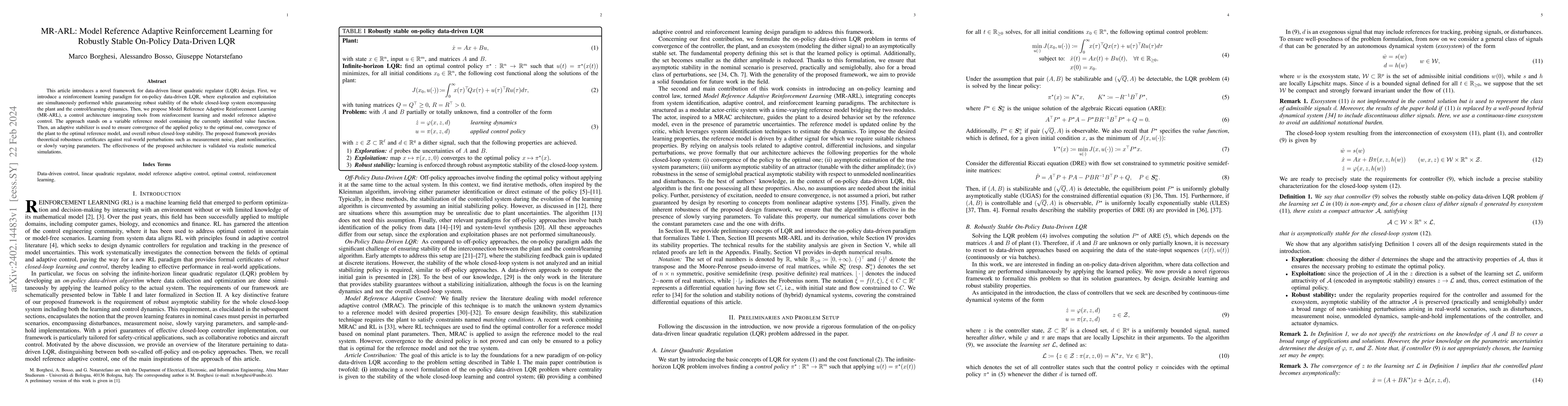 Thumbnail for MR-ARL: Model Reference Adaptive Reinforcement Learning for Robustly
  Stable On-Policy Data-Driven LQR