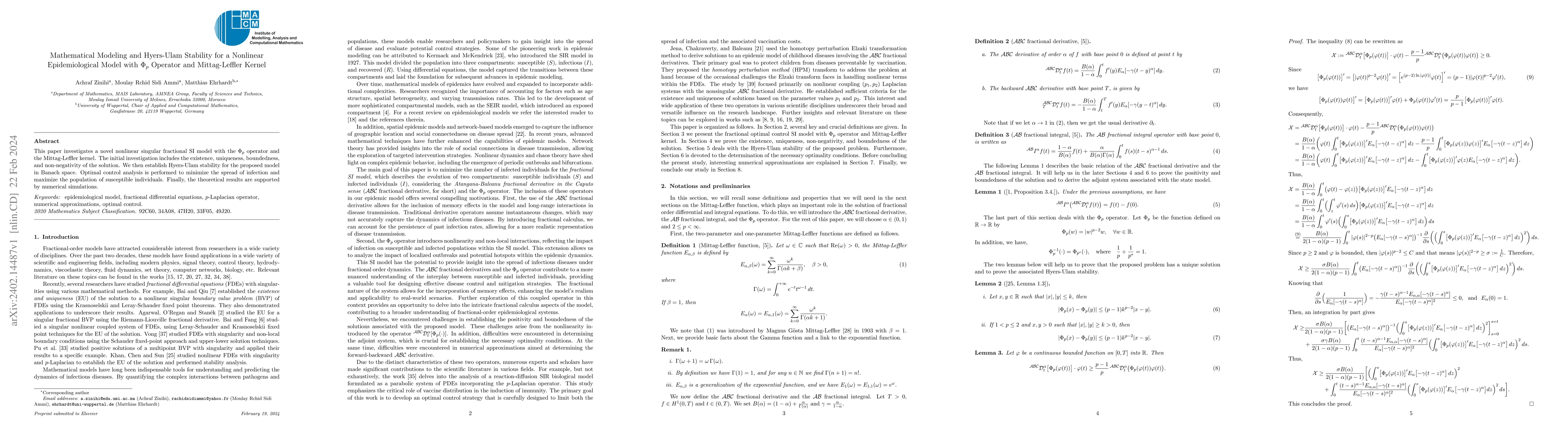 Thumbnail for Mathematical Modeling and Hyers-Ulam Stability for a Nonlinear
  Epidemiological Model with $\Phi_p$ Operator and Mittag-Leffler Kernel