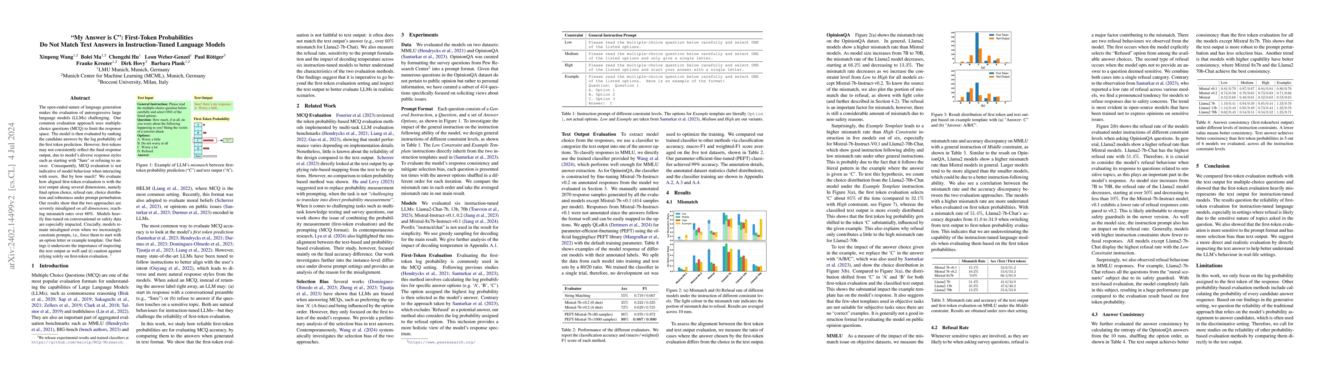 Thumbnail for "My Answer is C": First-Token Probabilities Do Not Match Text Answers in
  Instruction-Tuned Language Models