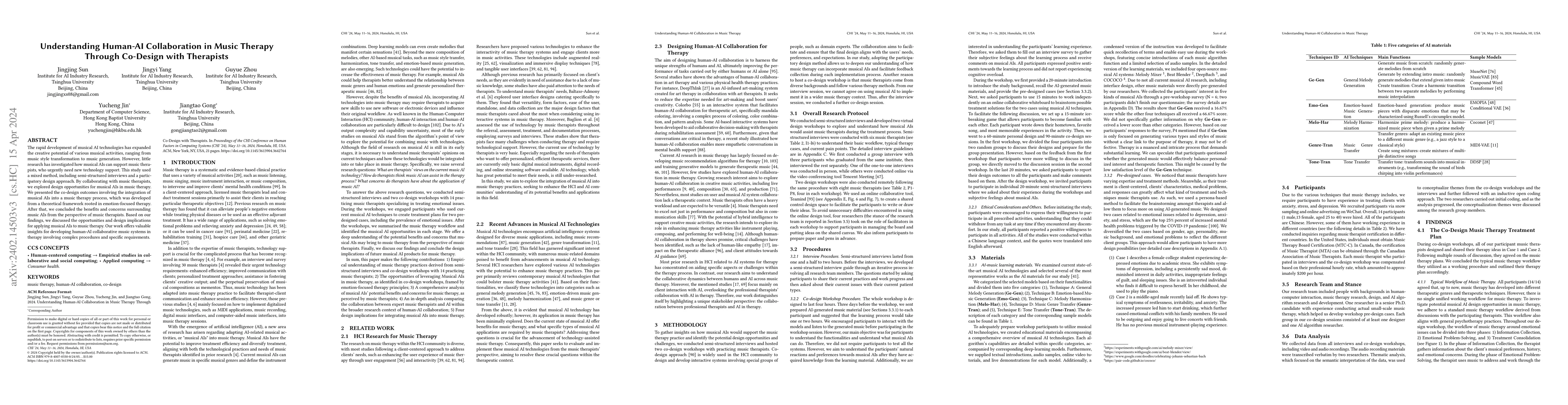 Thumbnail for Understanding Human-AI Collaboration in Music Therapy Through Co-Design
  with Therapists