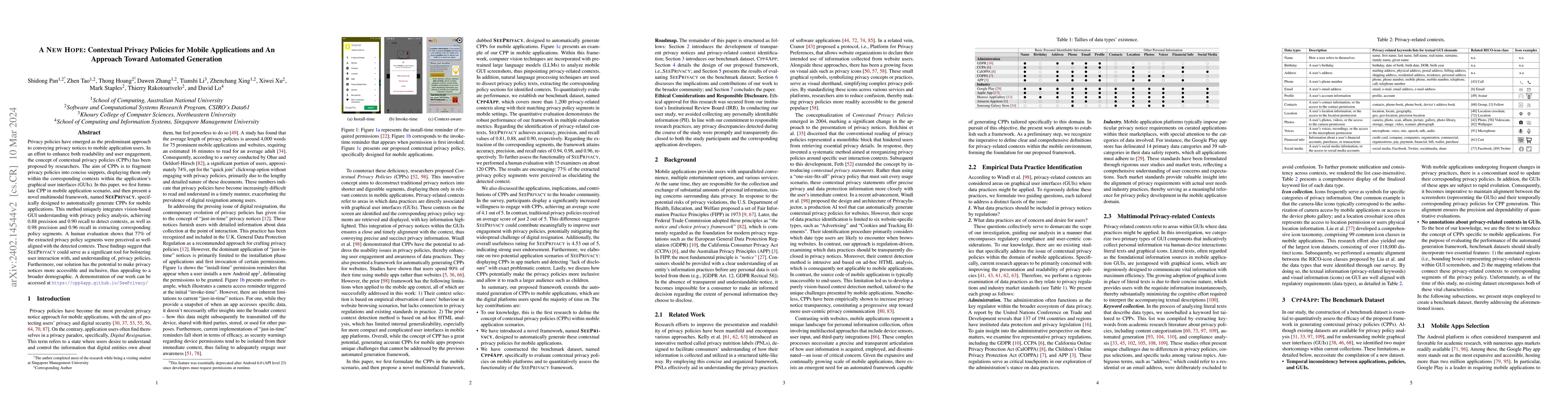 Thumbnail for {A New Hope}: Contextual Privacy Policies for Mobile Applications and An
  Approach Toward Automated Generation