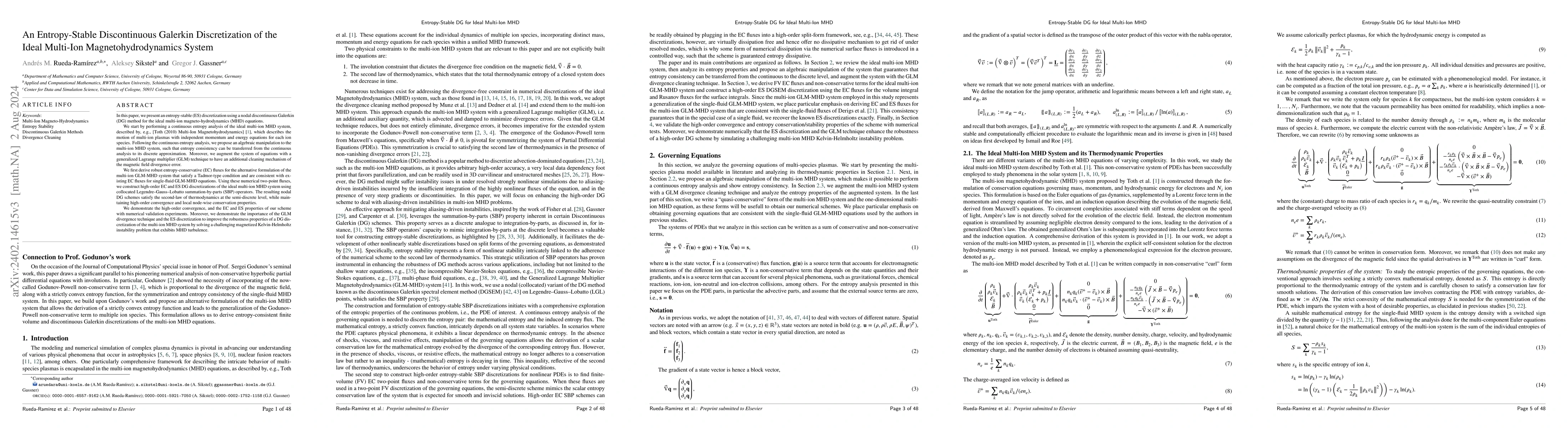 Thumbnail for An Entropy-Stable Discontinuous Galerkin Discretization of the Ideal
  Multi-Ion Magnetohydrodynamics System