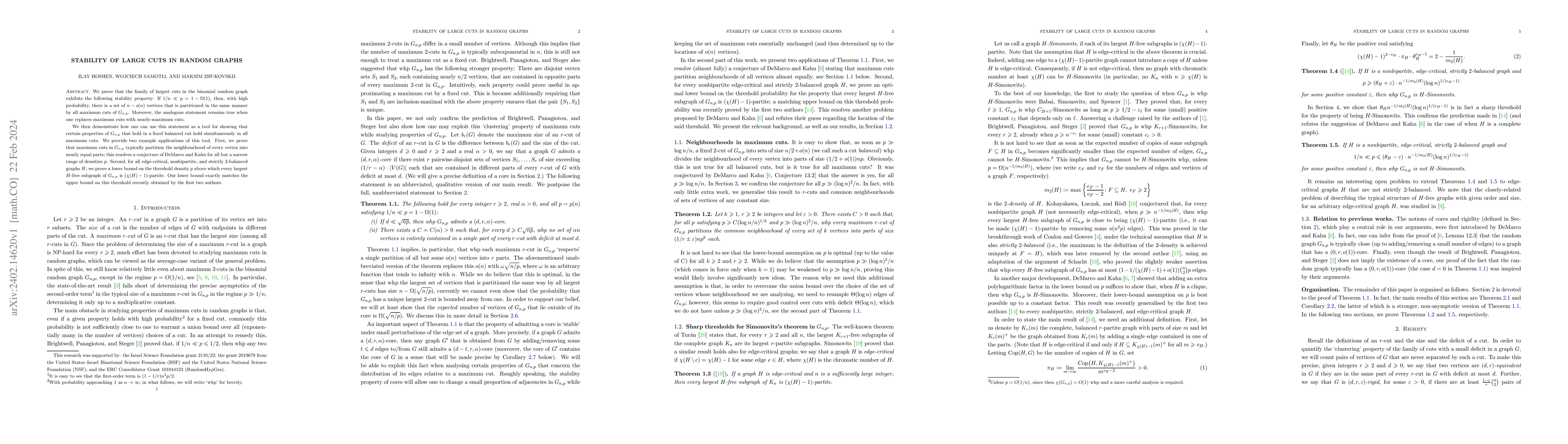 Thumbnail for Stability of large cuts in random graphs