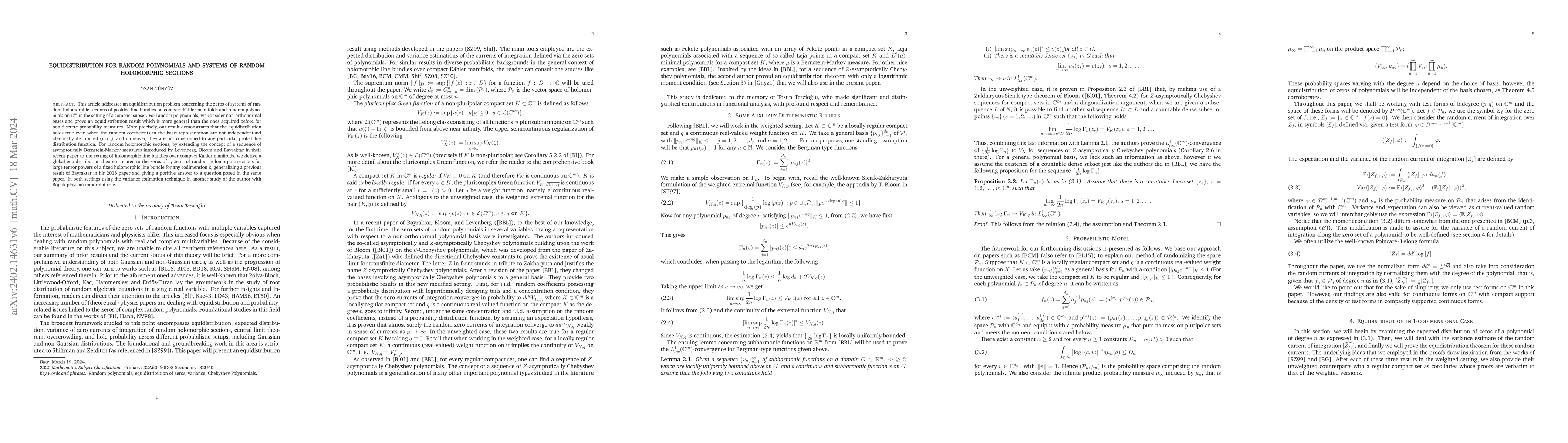 Thumbnail for Equidistribution for Random Polynomials and Systems of Random
  Holomorphic Sections