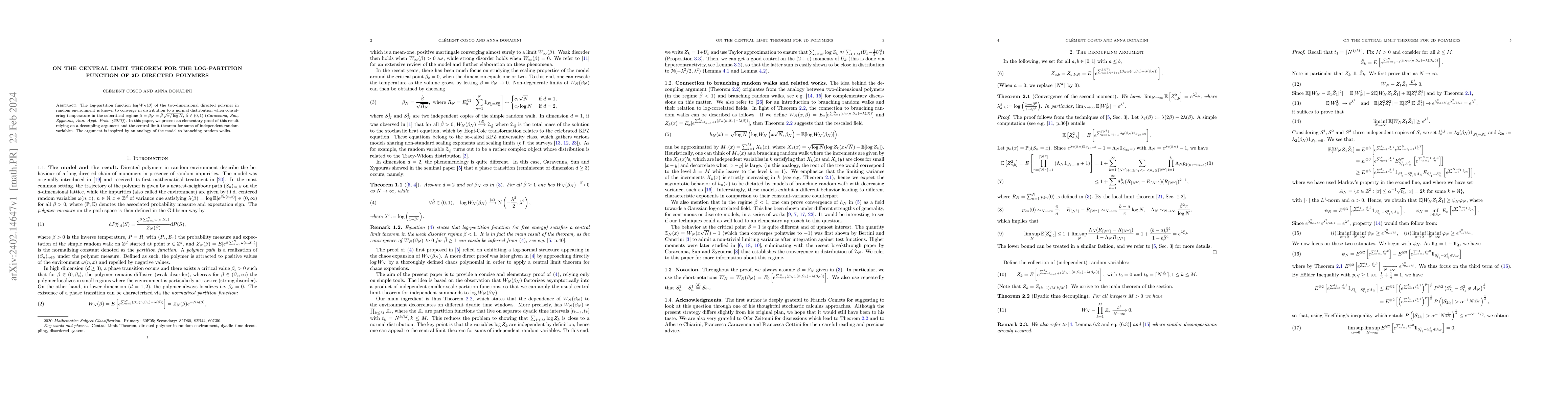 Thumbnail for On the Central Limit Theorem for the log-partition function of 2D
  directed polymers